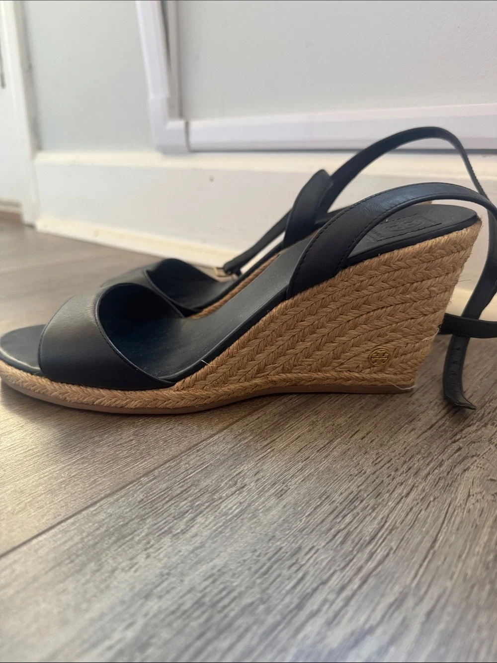 Tory Burch Black Leather Espadrille Sandals with Ankle Strap